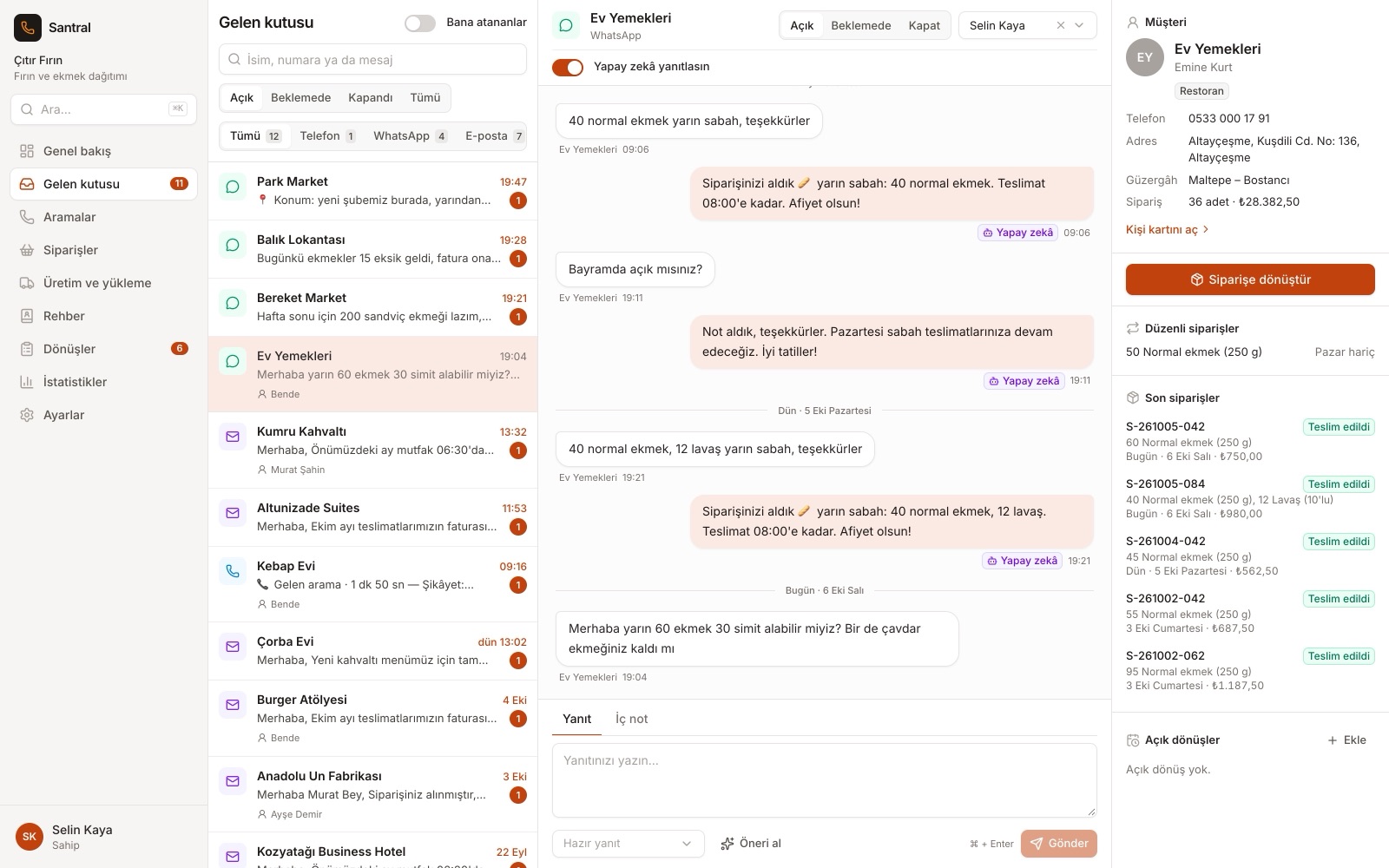 Gelen kutusu: WhatsApp yazışması ve müşteri kartı